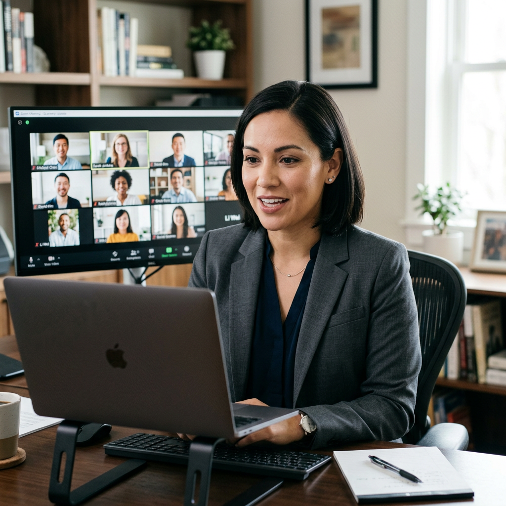 Woman in suit engaged in virtual meeting on laptop with participants visible on monitor
