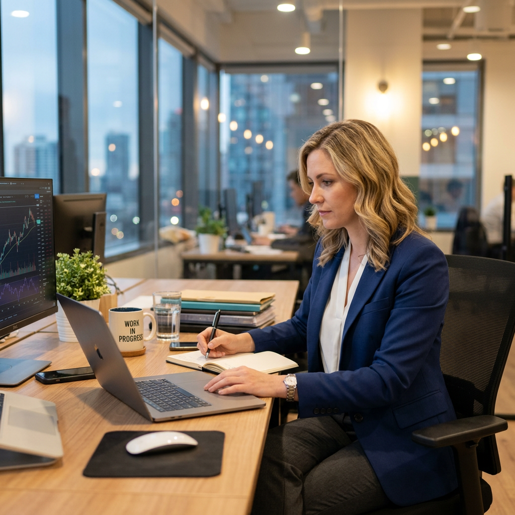 Businesswoman in blue blazer writing in notebook while using laptop at office desk